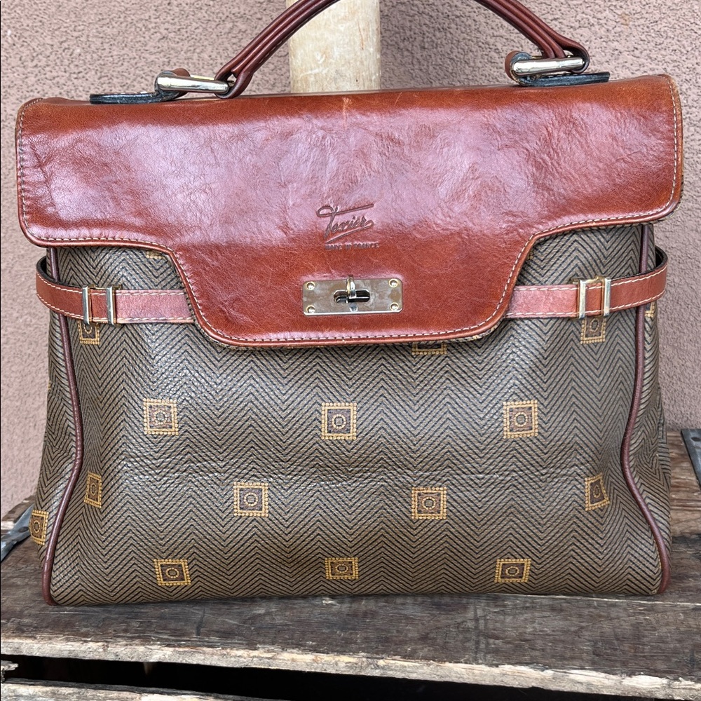 Texier French made Vintage Brown Leather and Patterned bag
